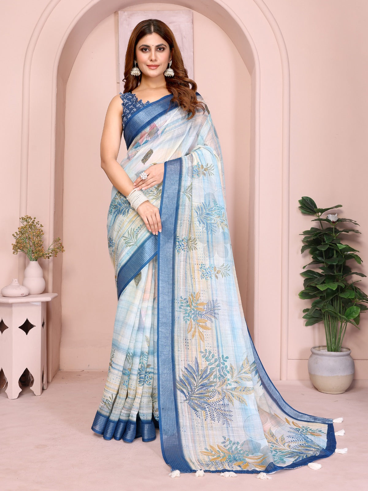Pastel Blue Linen Cotton Saree with Tropical Leaf Print