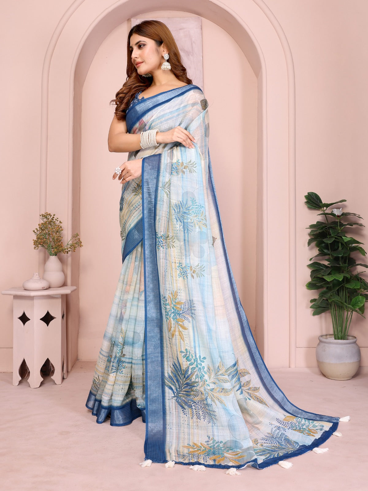 Pastel Blue Linen Cotton Saree with Tropical Leaf Print