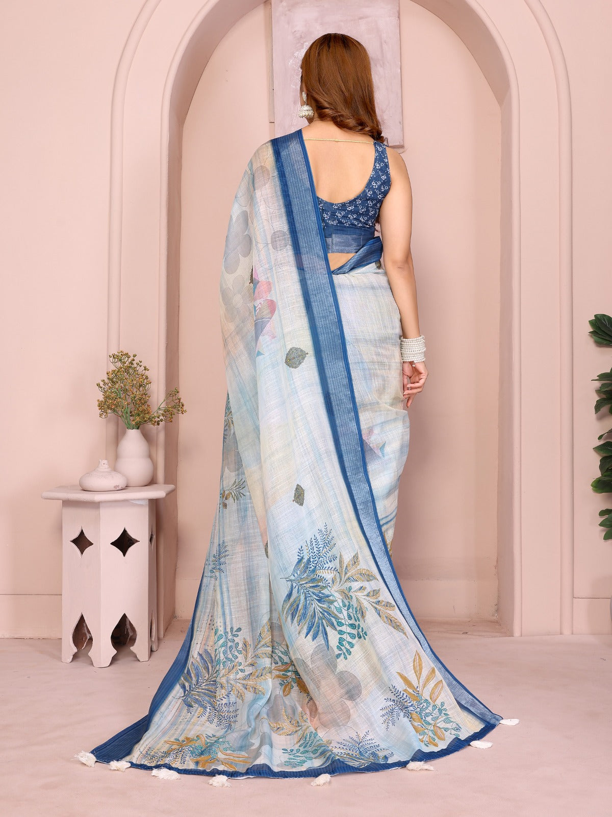 Pastel Blue Linen Cotton Saree with Tropical Leaf Print