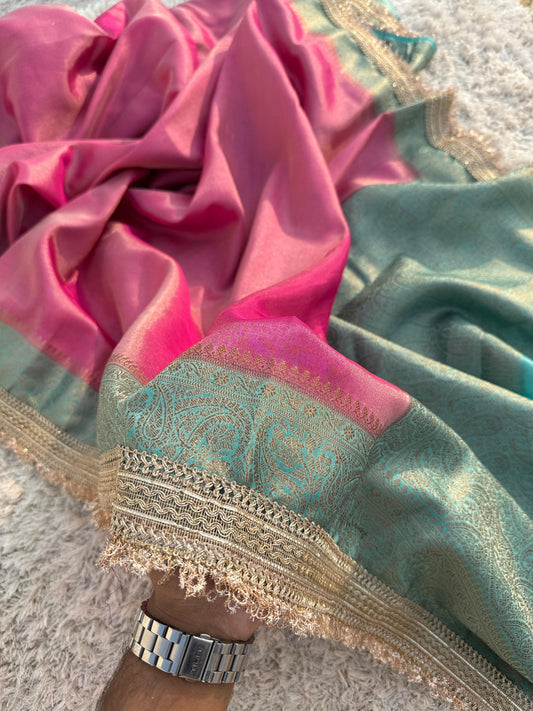 Premium Banarasi Maharani Katan Tissue Soft Silk Saree Dual Shade With Lace Work
