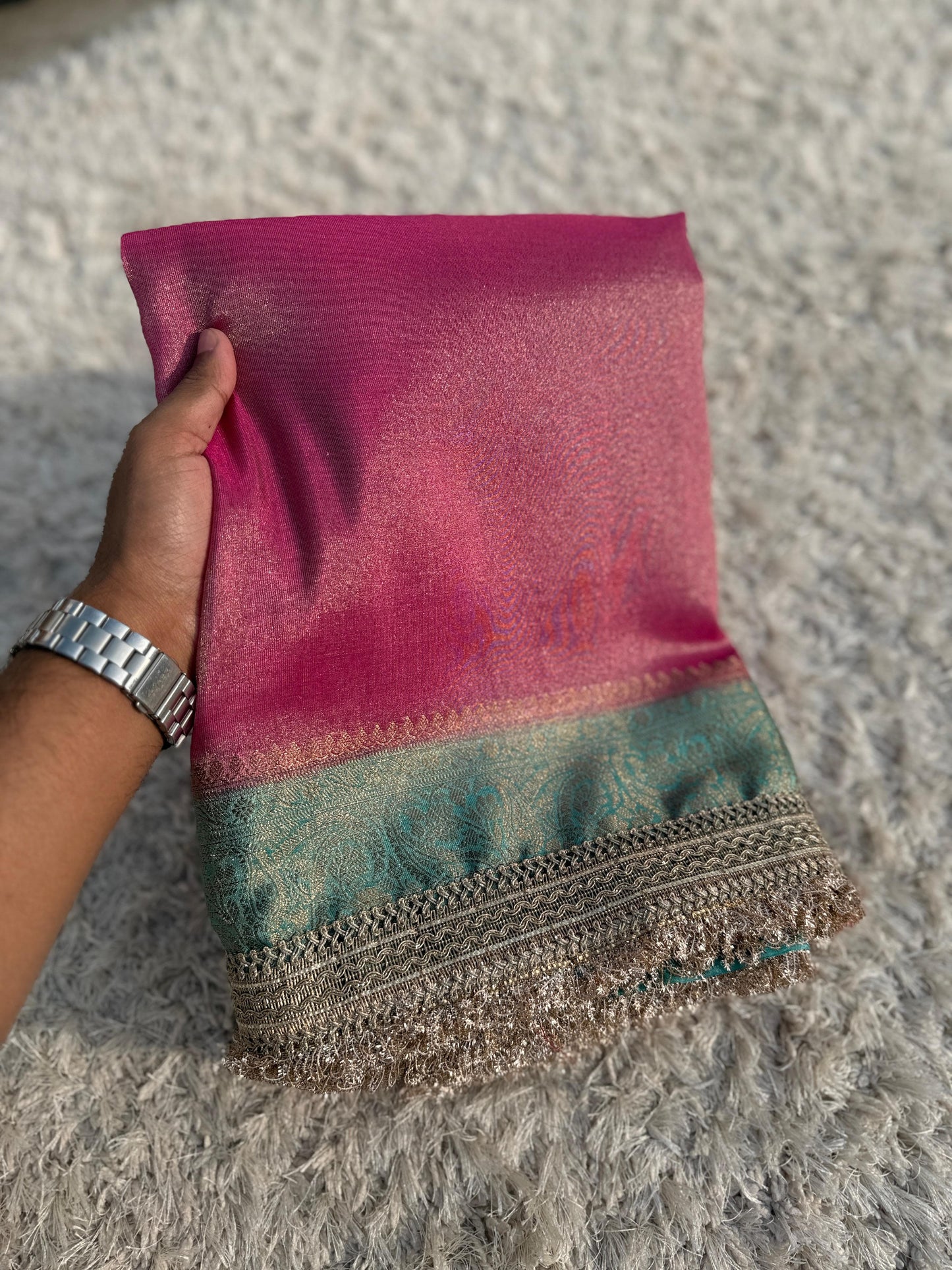 Premium Banarasi Maharani Katan Tissue Soft Silk Saree Dual Shade With Lace Work