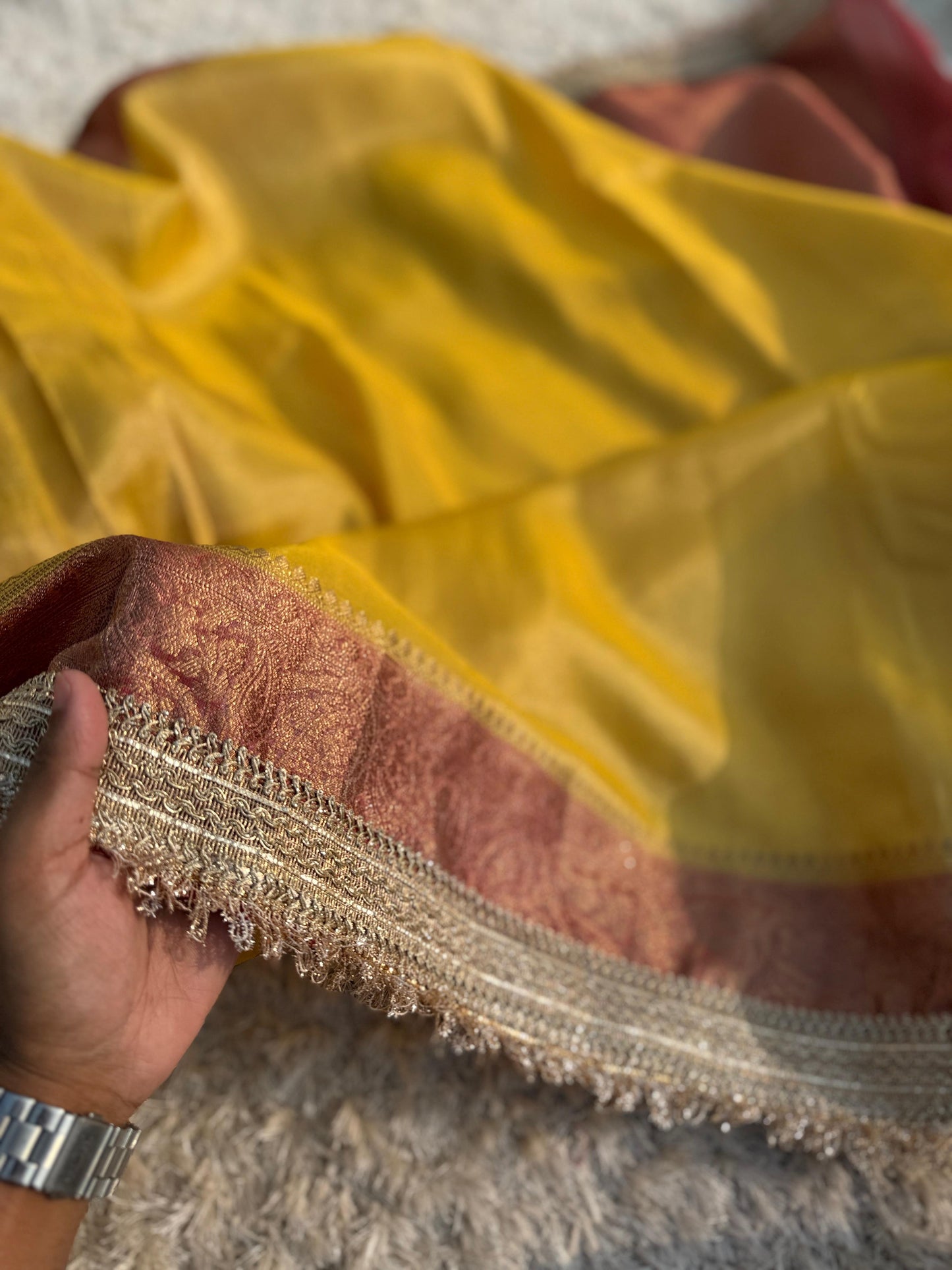 Premium Banarasi Maharani Katan Tissue Soft Silk Saree Dual Shade With Lace Work