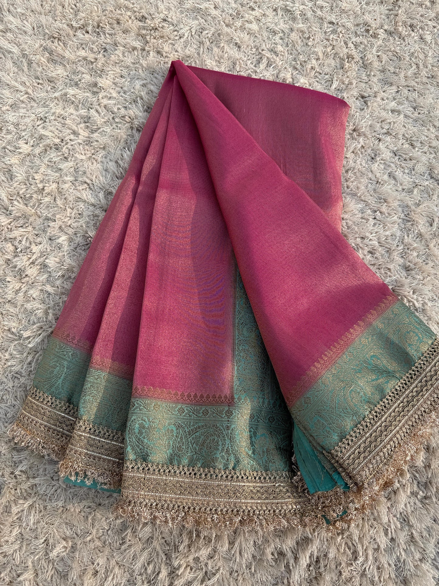 Premium Banarasi Maharani Katan Tissue Soft Silk Saree Dual Shade With Lace Work