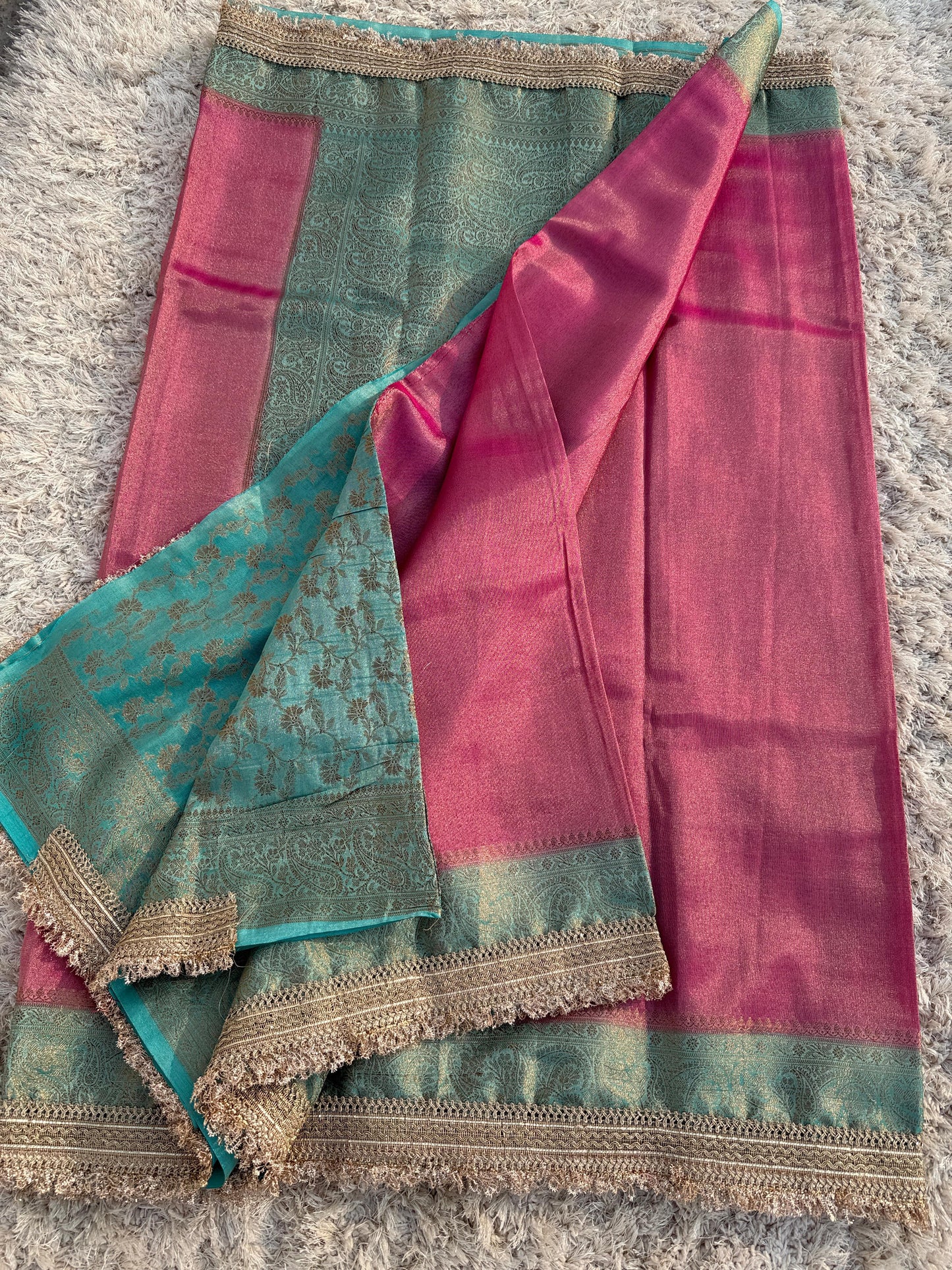 Premium Banarasi Maharani Katan Tissue Soft Silk Saree Dual Shade With Lace Work