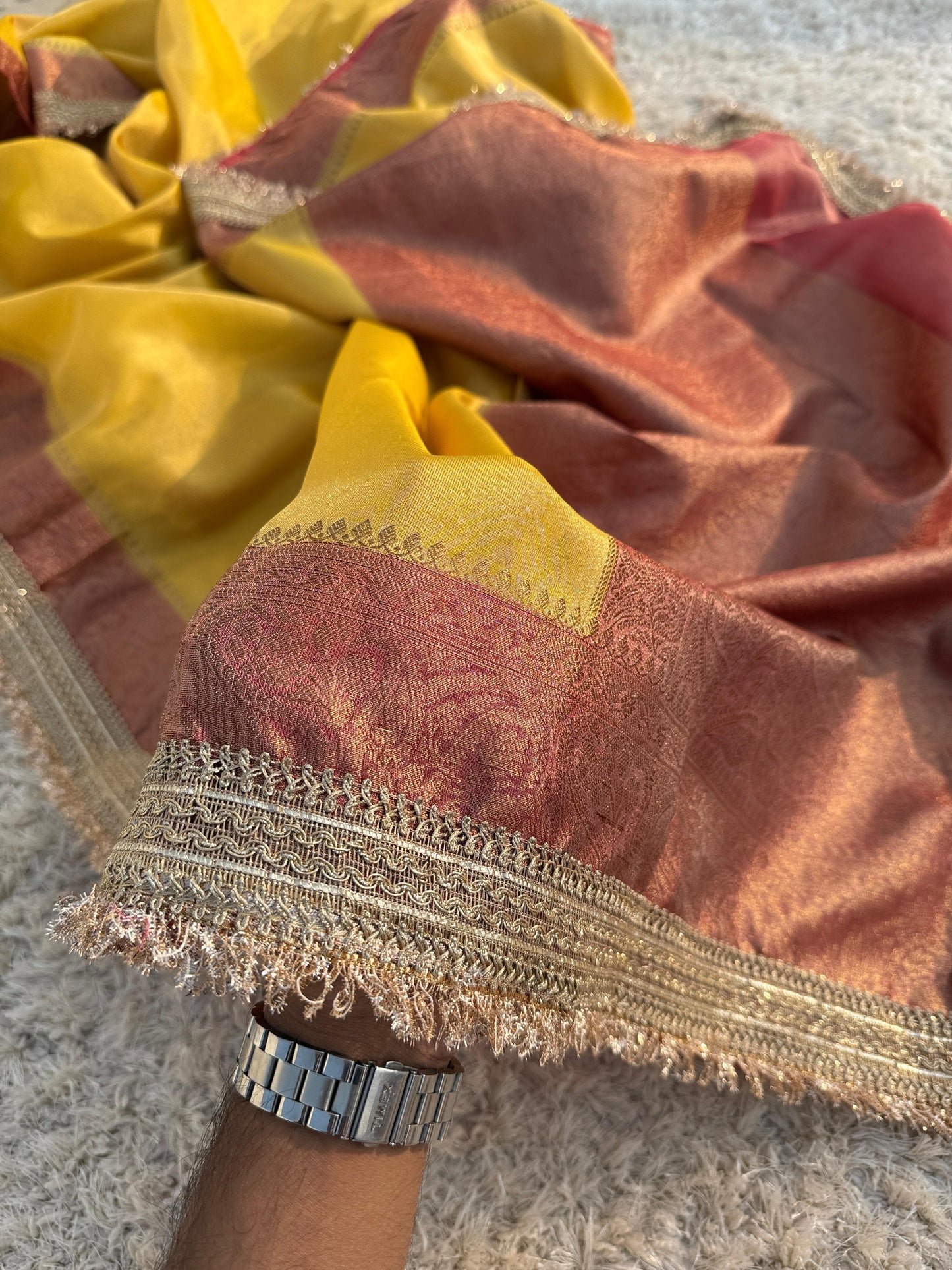 Premium Banarasi Maharani Katan Tissue Soft Silk Saree Dual Shade With Lace Work