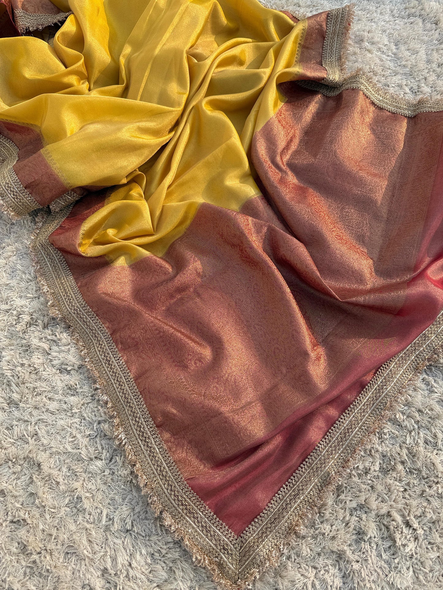 Premium Banarasi Maharani Katan Tissue Soft Silk Saree Dual Shade With Lace Work