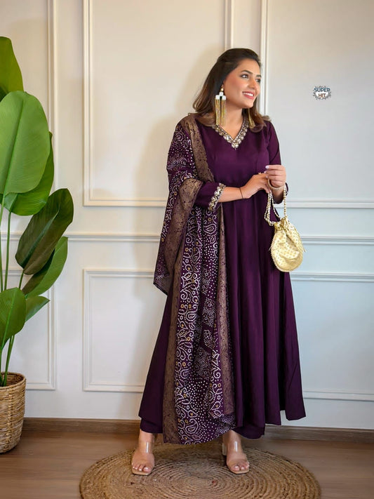 Exclusive PV Chanderi Kurti With Embroidery Work On Neck WIth Pant & Printed Dupatta