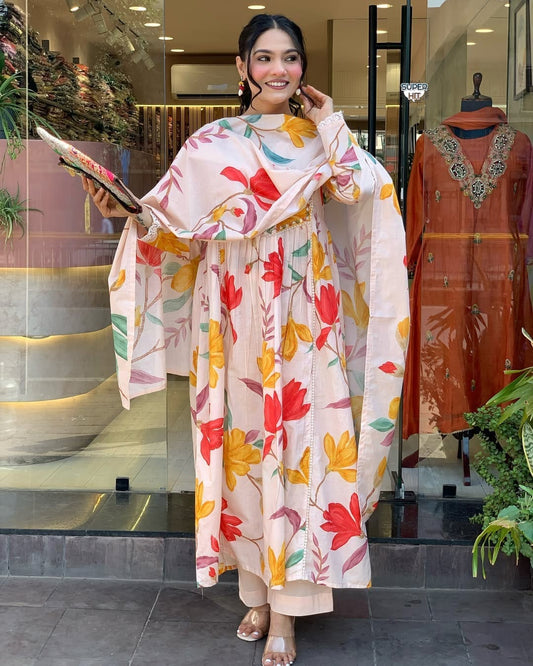 New Beautiful Printed D Cotton Stylish Kurti With Pant & Dupatta