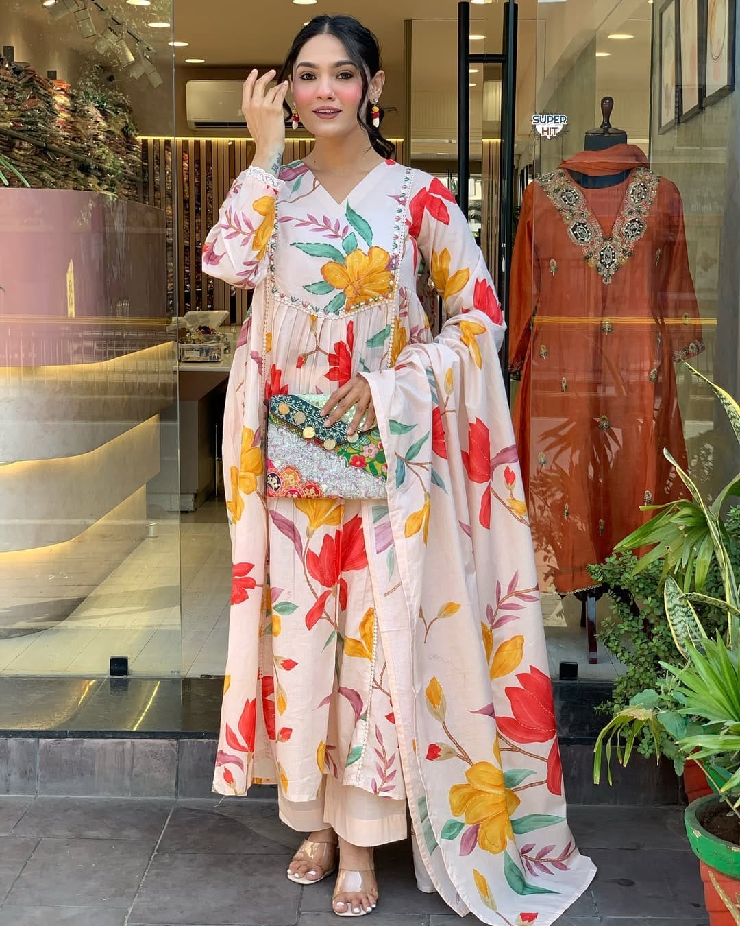 New Beautiful Printed D Cotton Stylish Kurti With Pant & Dupatta