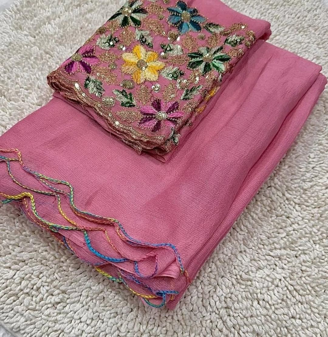 Premium Chinon Silk Saree With Multi Sequence Embroidery Work