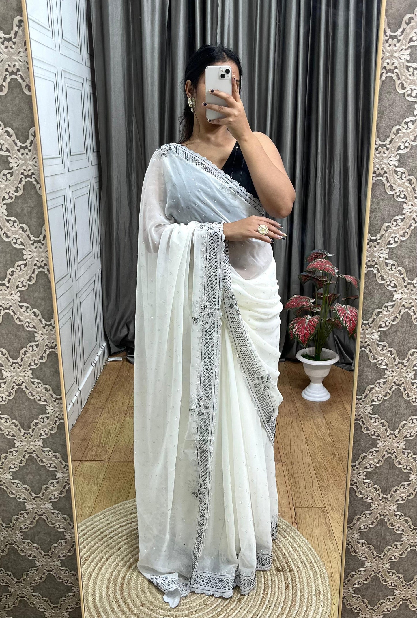 Stylish Soft Georgette Saree With Rich Diamond Silver Work Border