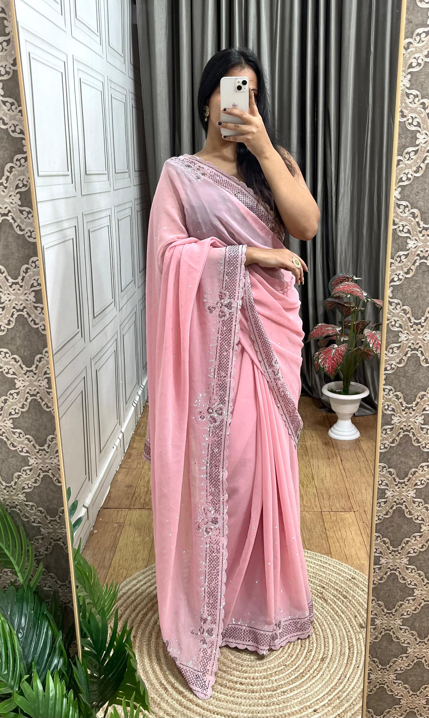 Stylish Soft Georgette Saree With Rich Diamond Silver Work Border