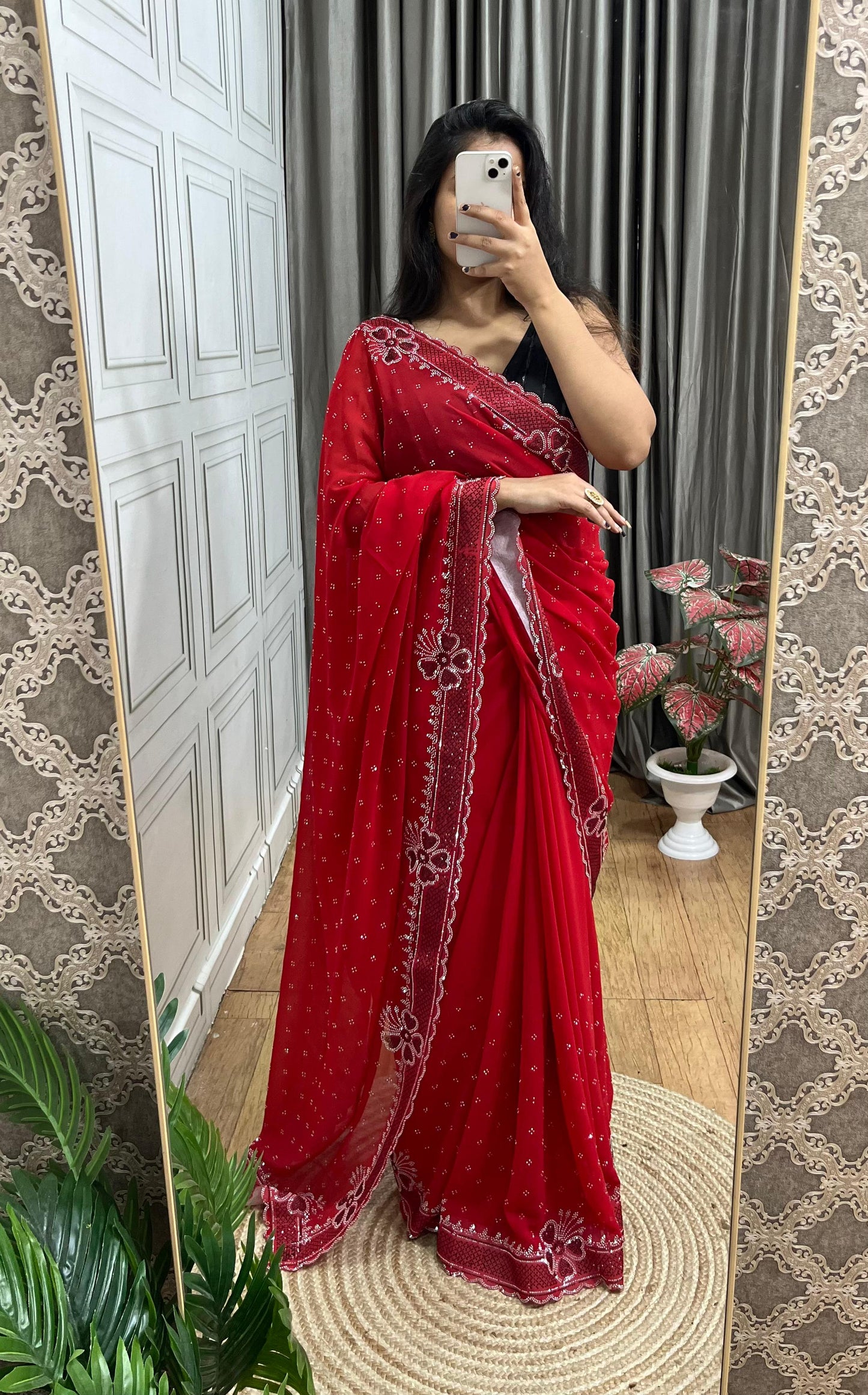 Stylish Soft Georgette Saree With Rich Diamond Silver Work Border