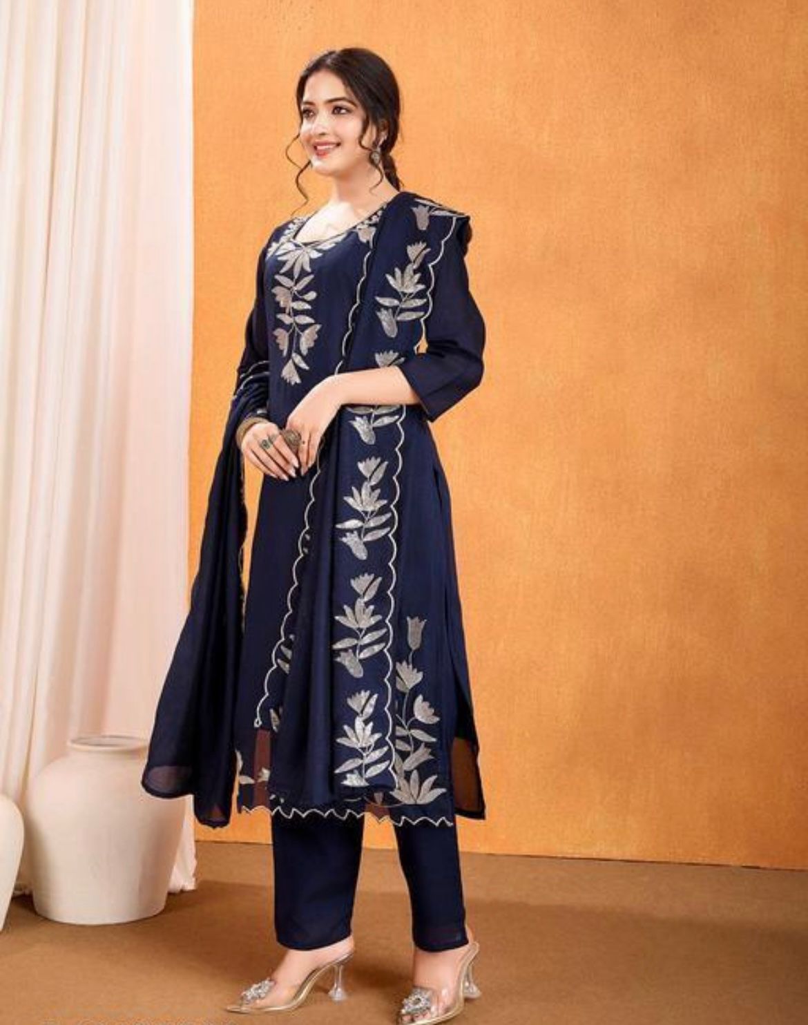 Festive Special Vichitra Silk Kurti With Multi Sequence Work With Pant & Dupatta