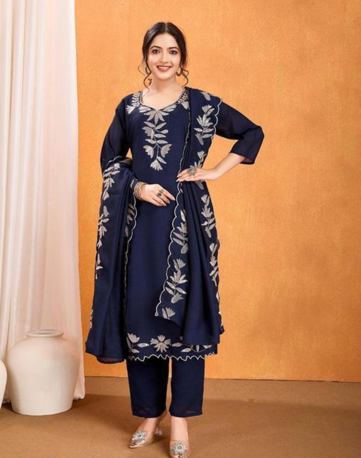 Festive Special Vichitra Silk Kurti With Multi Sequence Work With Pant & Dupatta