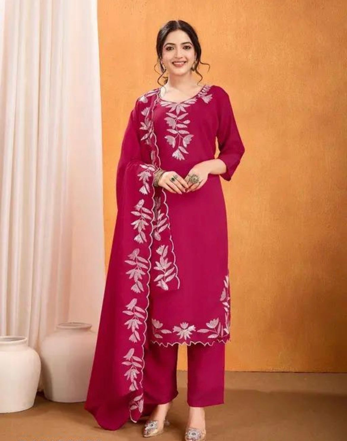 Festive Special Vichitra Silk Kurti With Multi Sequence Work With Pant & Dupatta