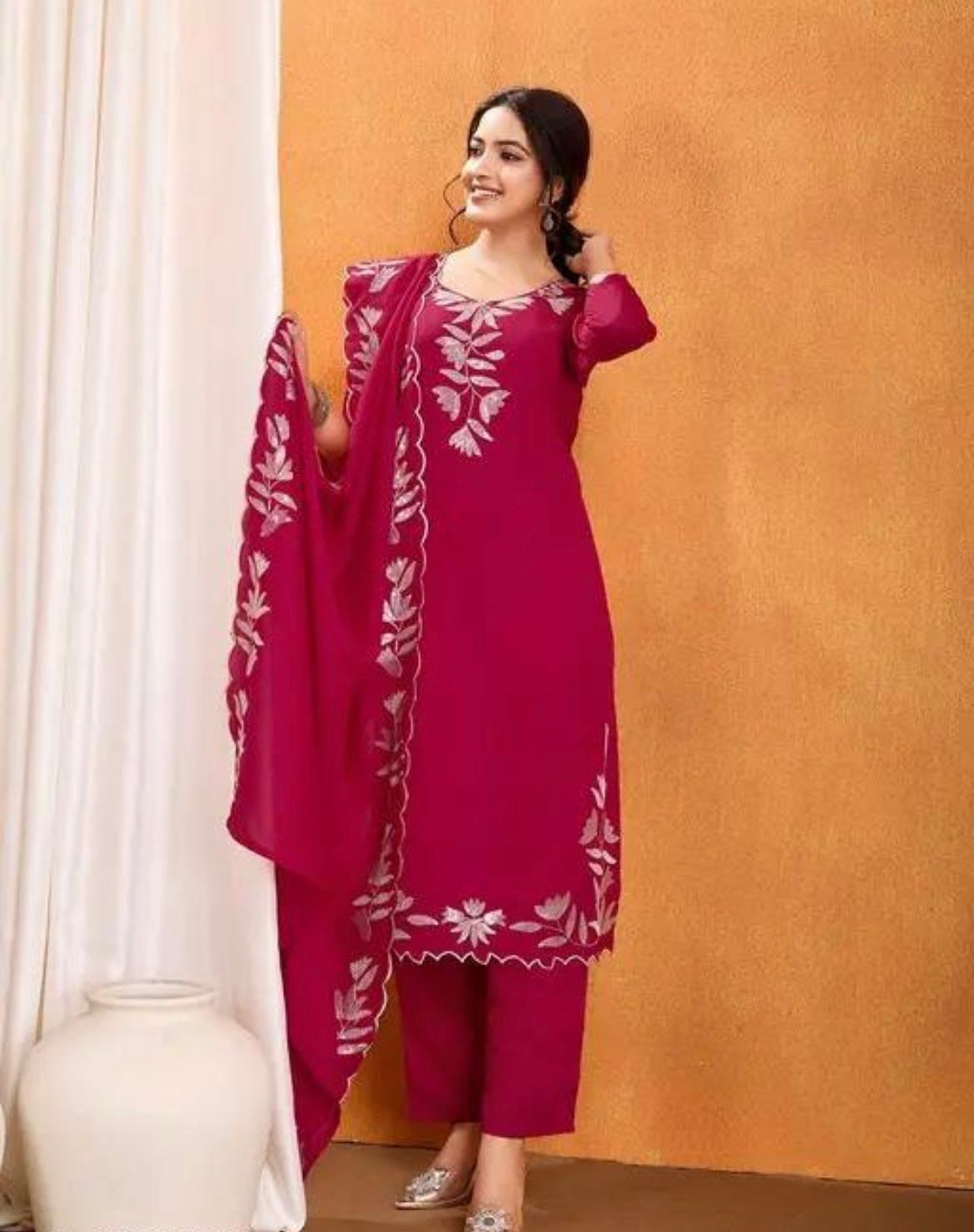 Festive Special Vichitra Silk Kurti With Multi Sequence Work With Pant & Dupatta