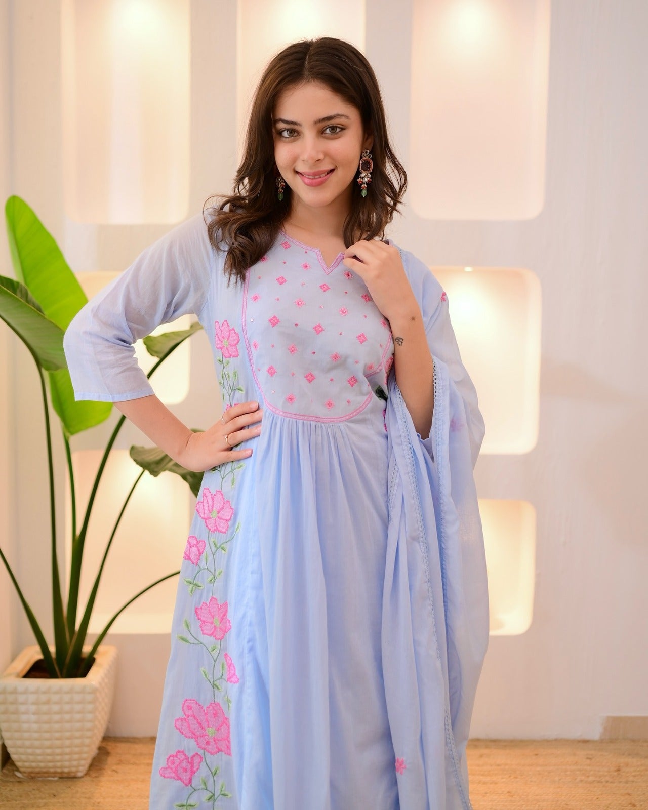 Pastel Premium Parampara Silk Kurti With Heavy Embroidery Work With Pant & Dupatta