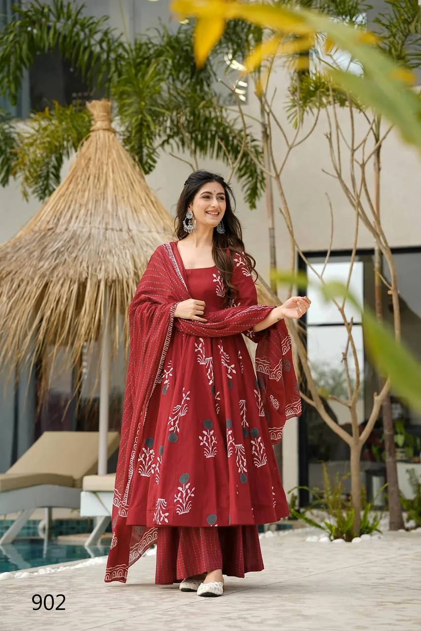 Festive & Wedding Party Wear Gher Style Pure Mal Cotton Printed Kurta Pant With Dupatta