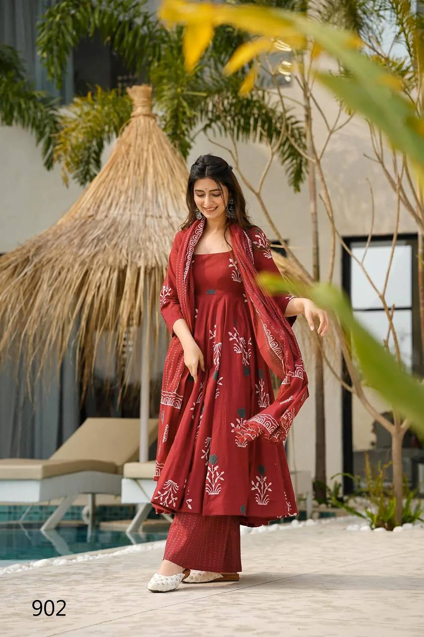 Festive & Wedding Party Wear Gher Style Pure Mal Cotton Printed Kurta Pant With Dupatta