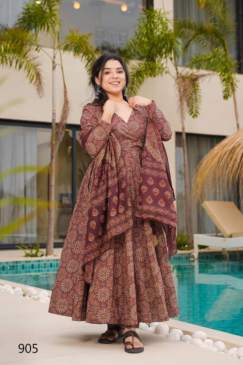 Festive & Wedding Party Wear Gher Style Pure Mal Cotton Pattern Printed Kurta Pant With Dupatta