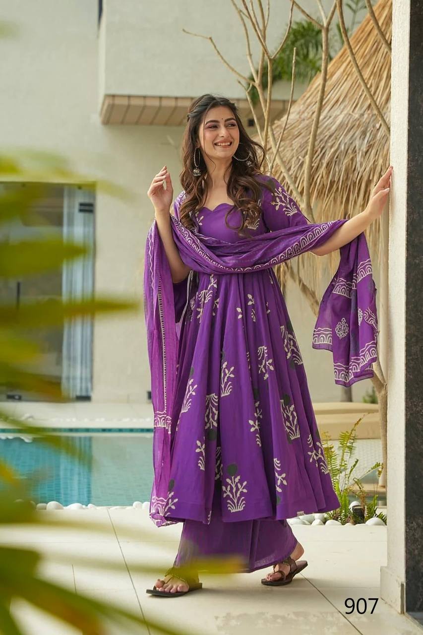 Festive & Wedding Party Wear Gher Style Pure Mal Cotton Printed Kurta Pant With Dupatta