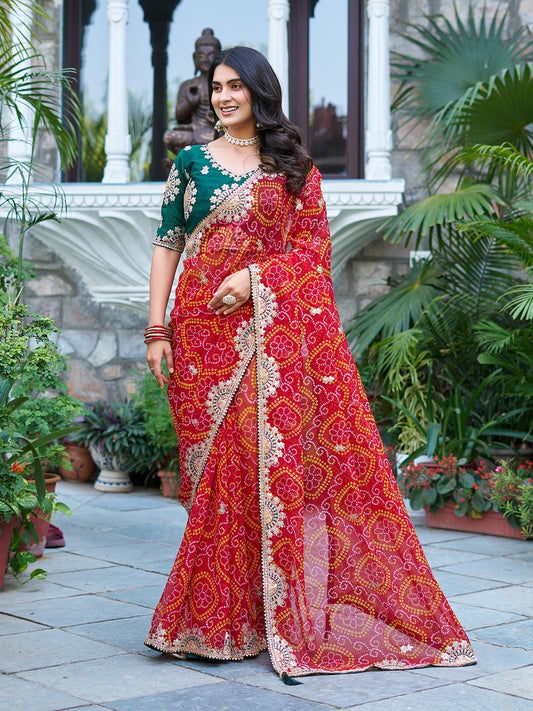 Festive Pure Bandhrej Saree With Heavy Pitta & Gota Patti Work
