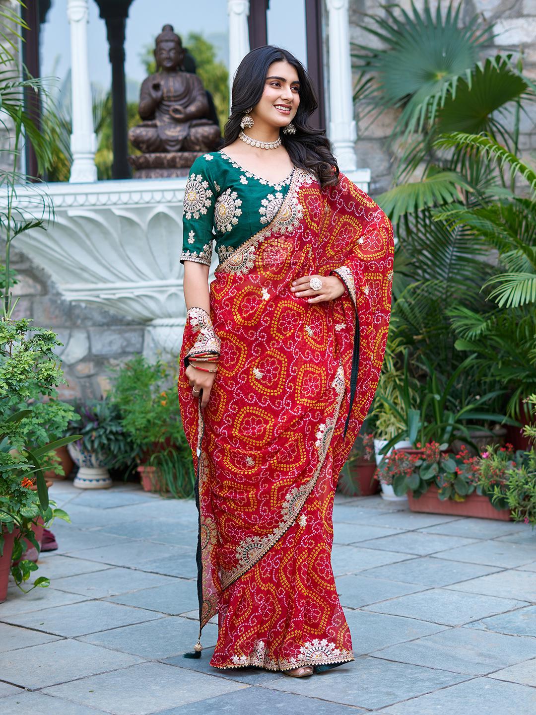 Festive Pure Bandhrej Saree With Heavy Pitta & Gota Patti Work