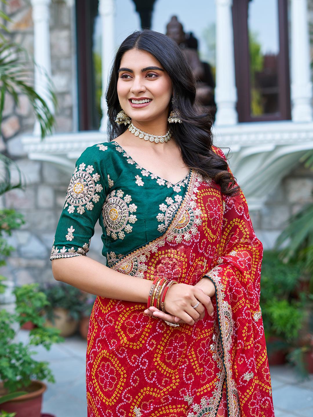 Festive Pure Bandhrej Saree With Heavy Pitta & Gota Patti Work