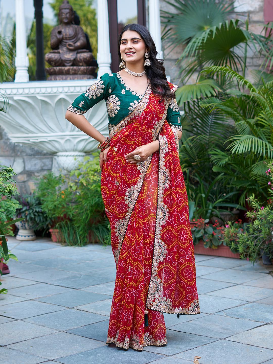 Festive Pure Bandhrej Saree With Heavy Pitta & Gota Patti Work