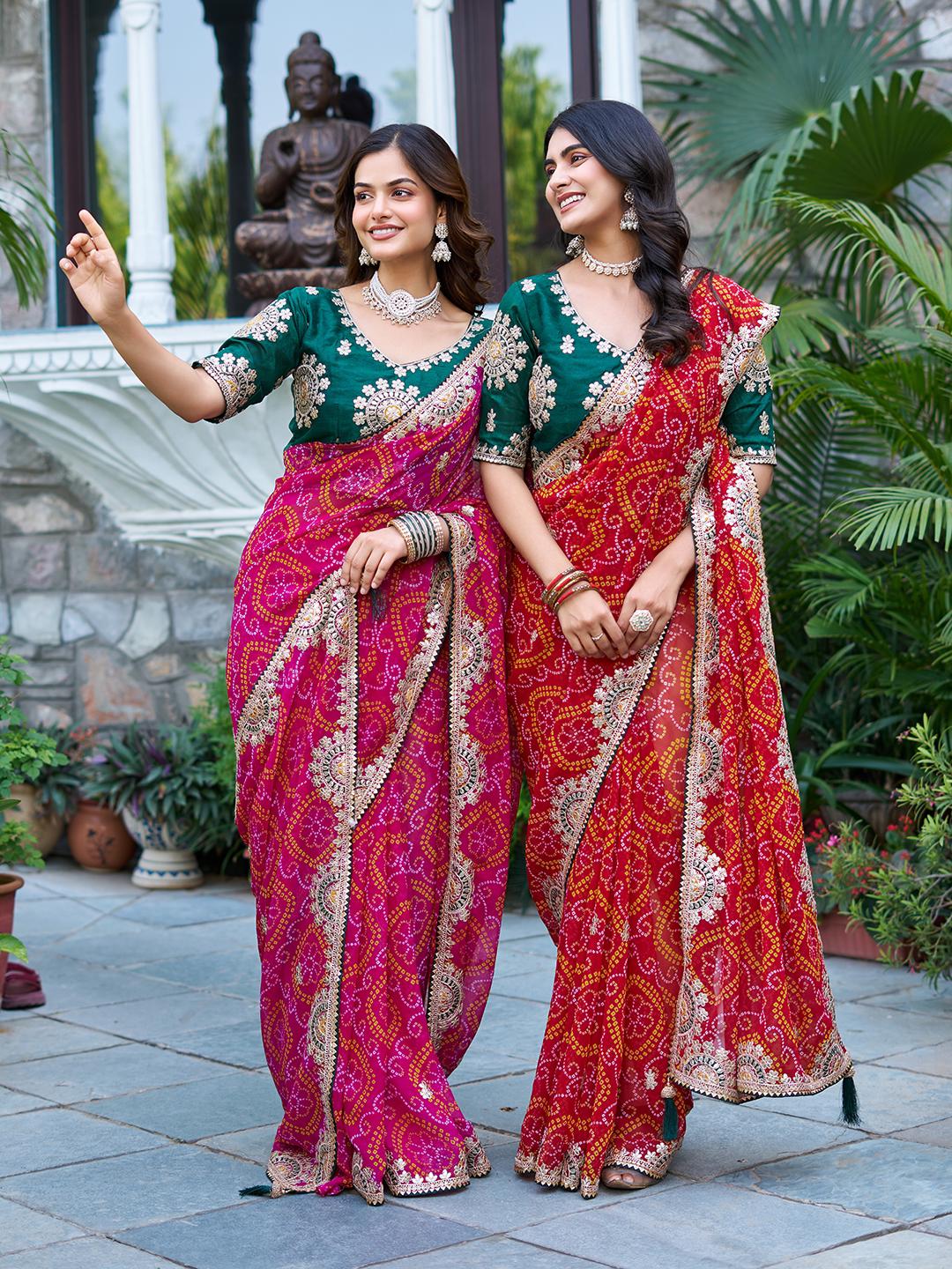 Festive Pure Bandhrej Saree With Heavy Pitta & Gota Patti Work