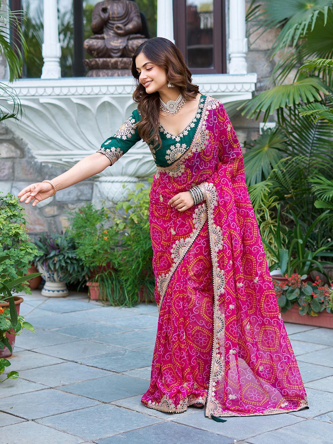 Festive Pure Bandhrej Saree With Heavy Pitta & Gota Patti Work