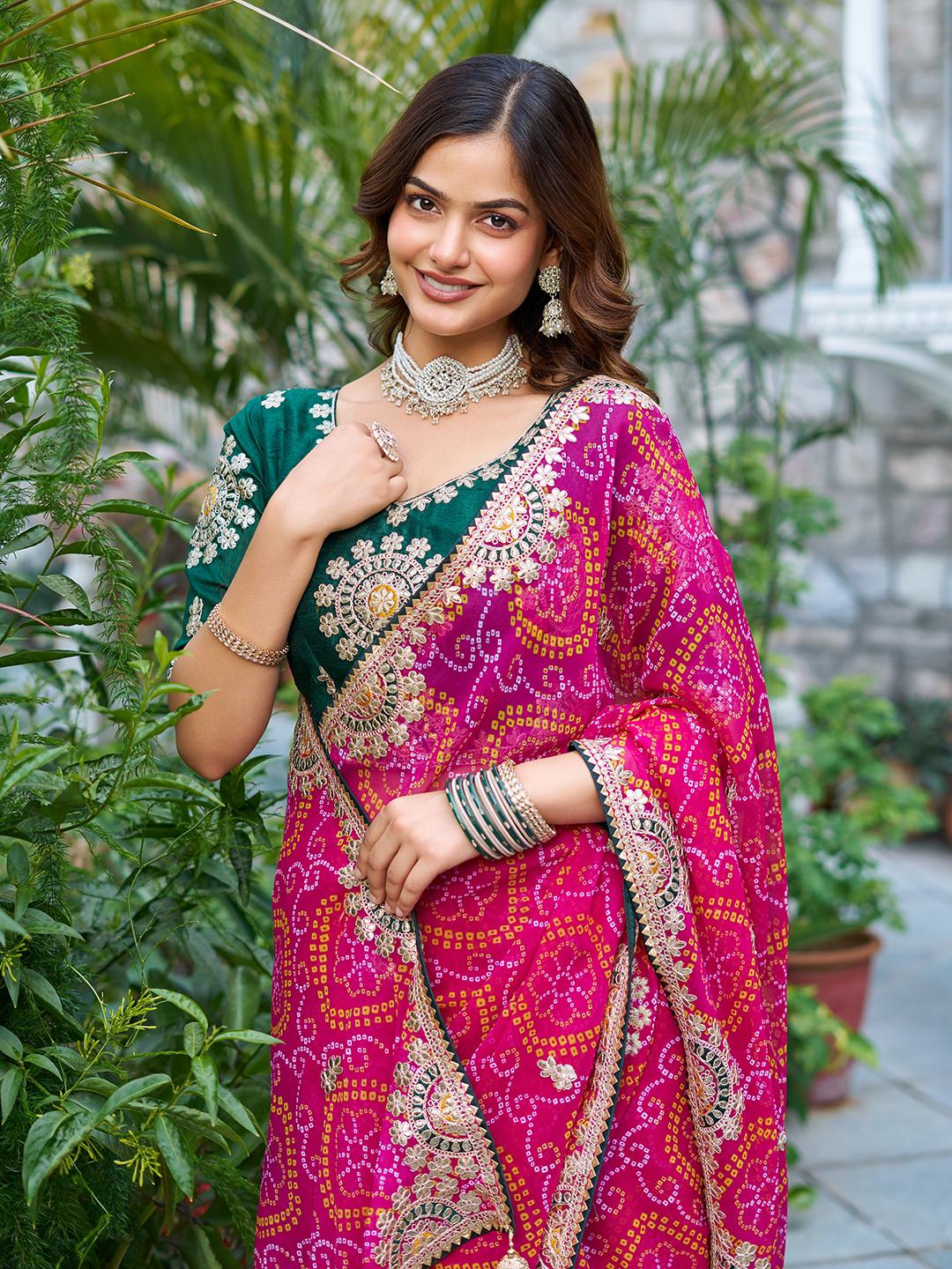 Festive Pure Bandhrej Saree With Heavy Pitta & Gota Patti Work