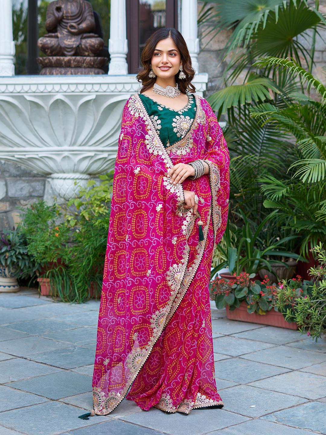 Festive Pure Bandhrej Saree With Heavy Pitta & Gota Patti Work