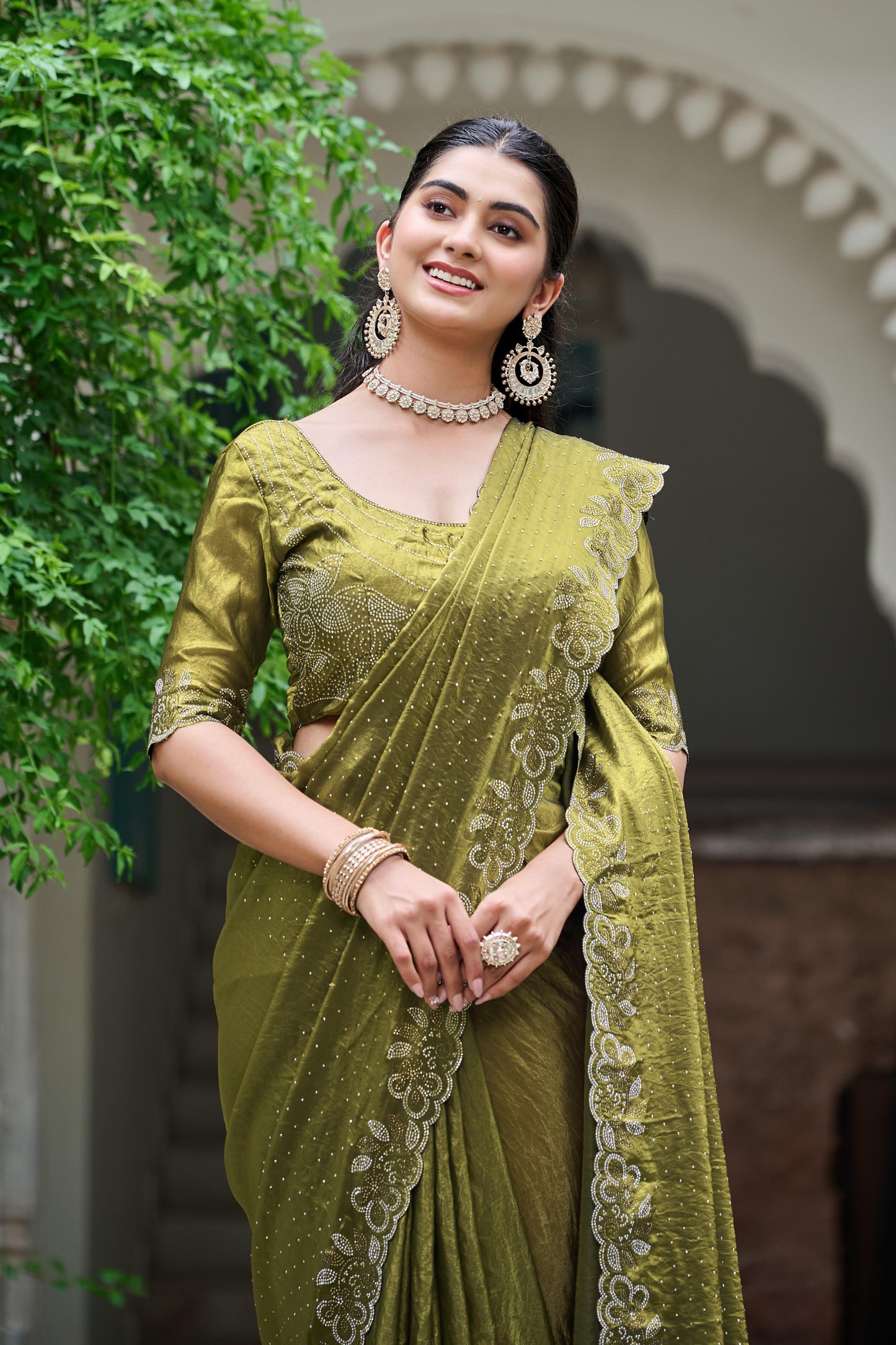 Festive Fancy Pure Fendi Silk Saree With Heavy Diamond Work