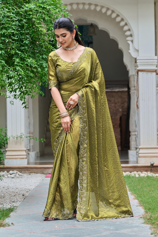 Festive Fancy Pure Fendi Silk Saree With Heavy Diamond Work