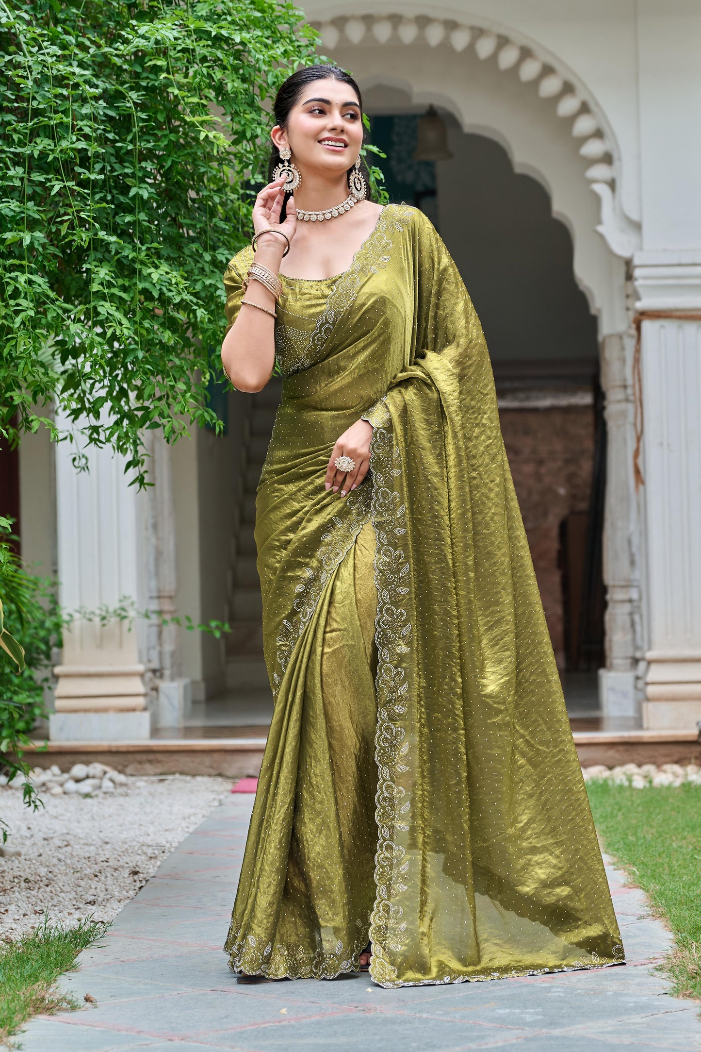 Festive Fancy Pure Fendi Silk Saree With Heavy Diamond Work