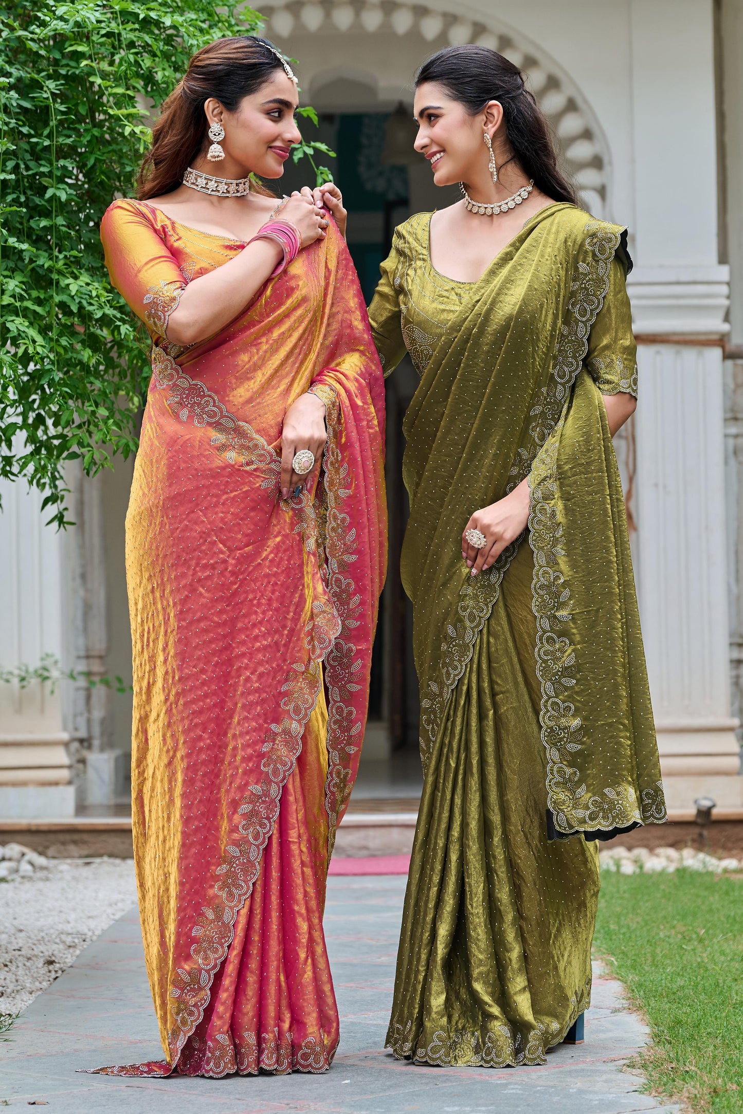 Festive Fancy Pure Fendi Silk Saree With Heavy Diamond Work