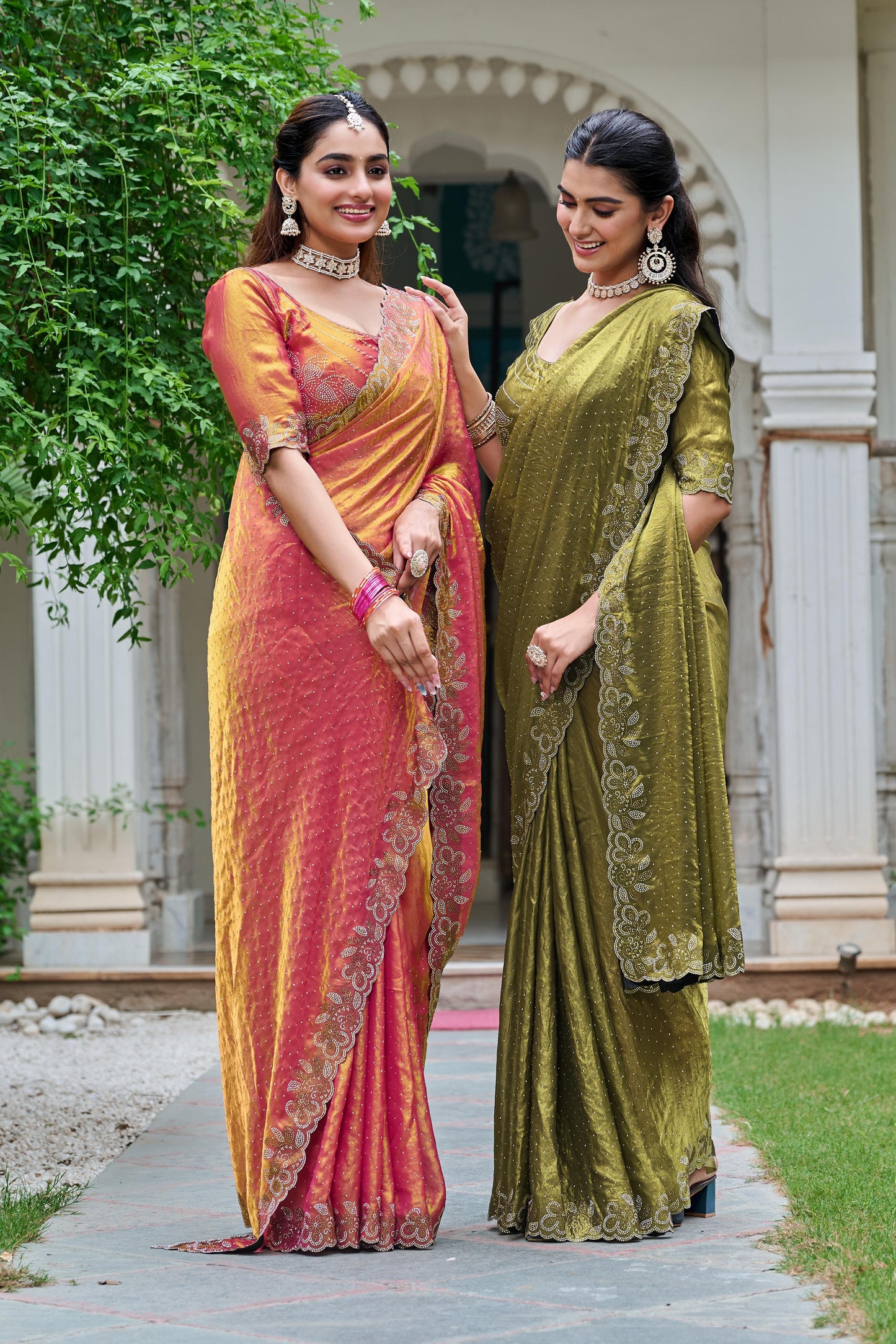 Festive Fancy Pure Fendi Silk Saree With Heavy Diamond Work