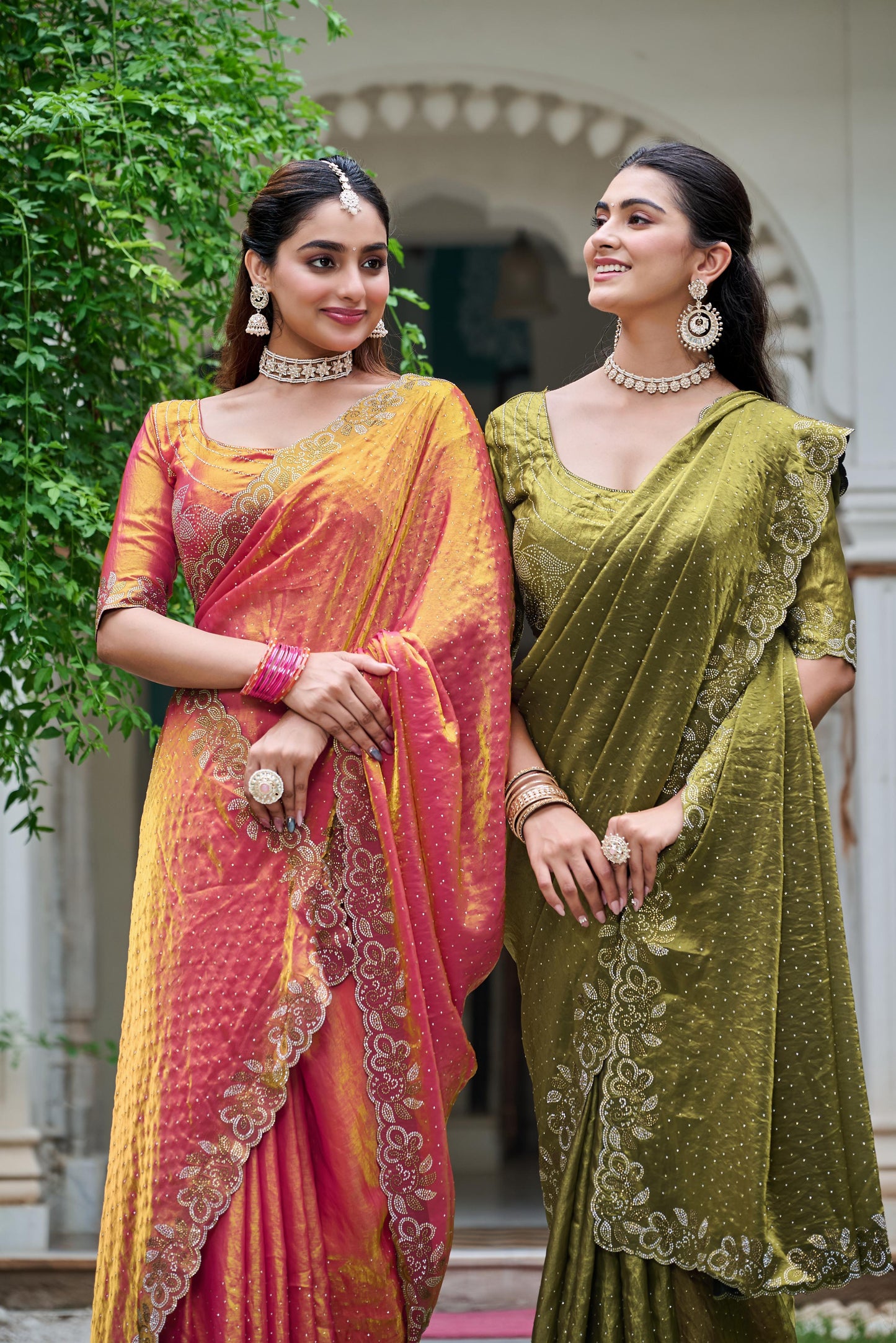 Festive Fancy Pure Fendi Silk Saree With Heavy Diamond Work
