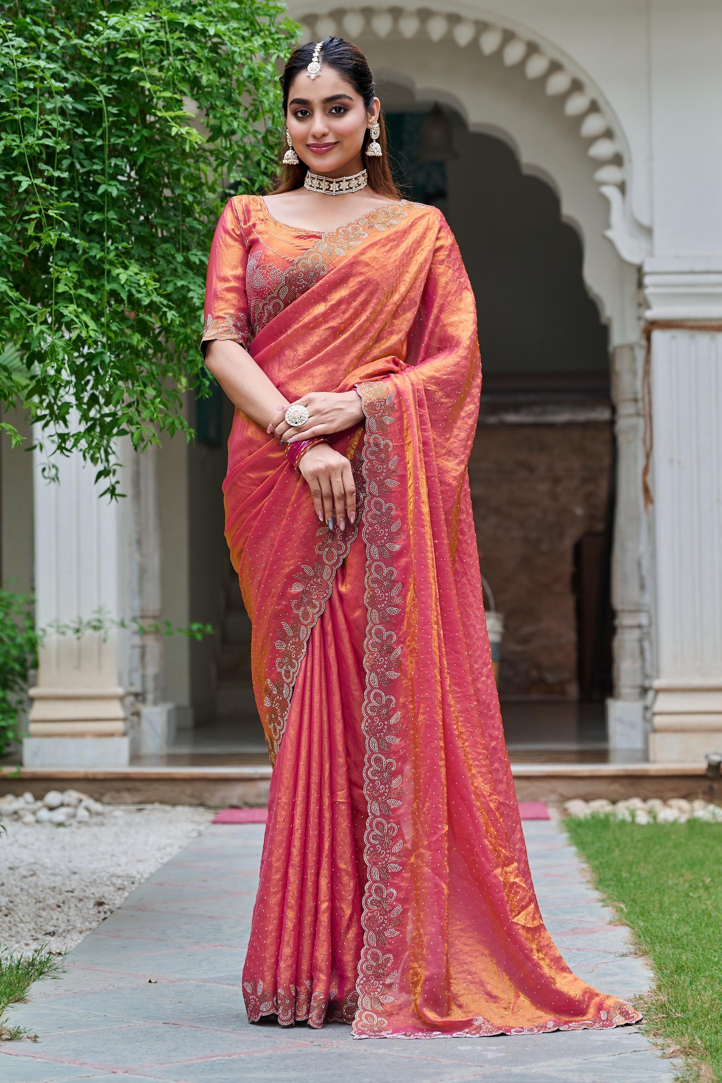 Festive Fancy Pure Fendi Silk Saree With Heavy Diamond Work