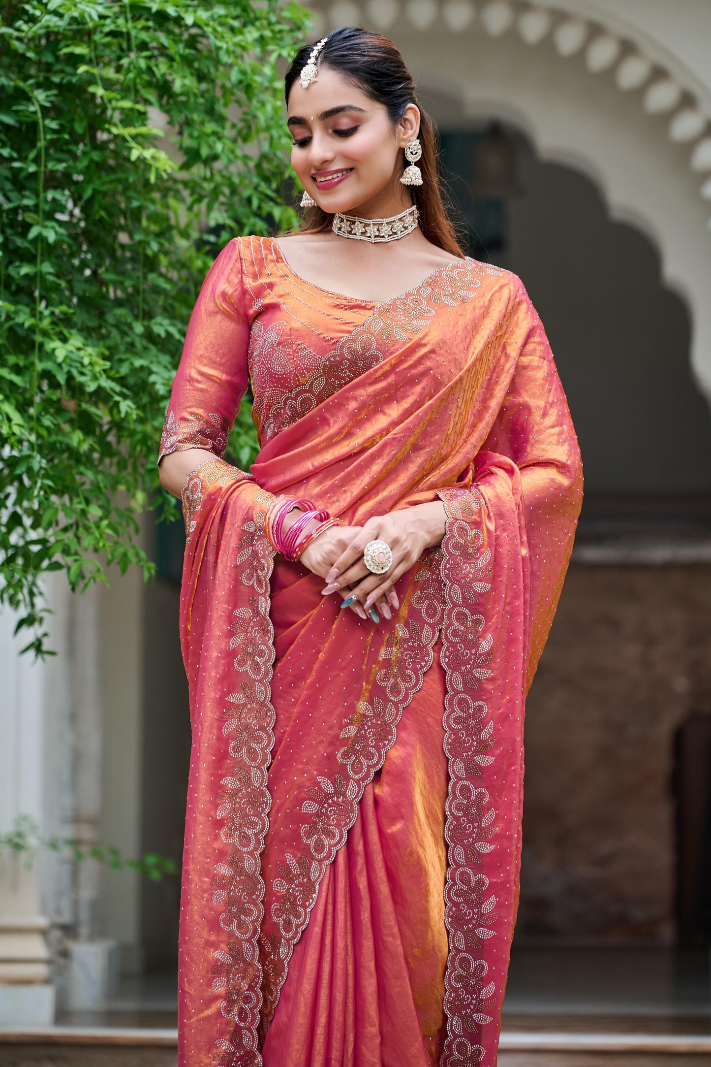 Festive Fancy Pure Fendi Silk Saree With Heavy Diamond Work