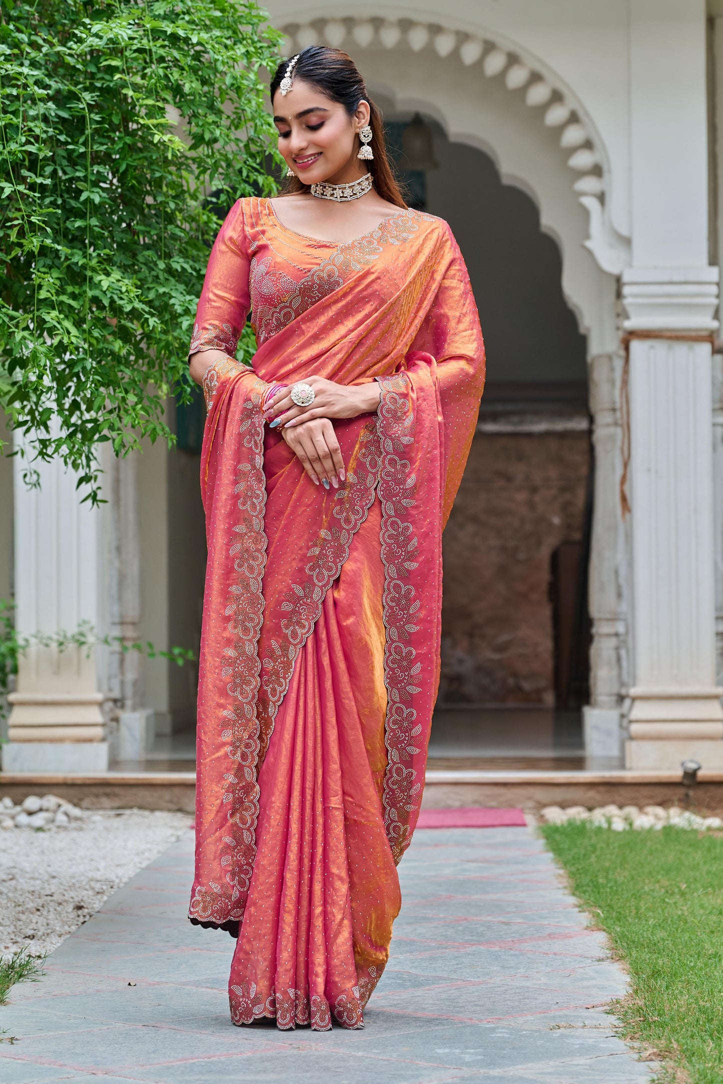 Festive Fancy Pure Fendi Silk Saree With Heavy Diamond Work