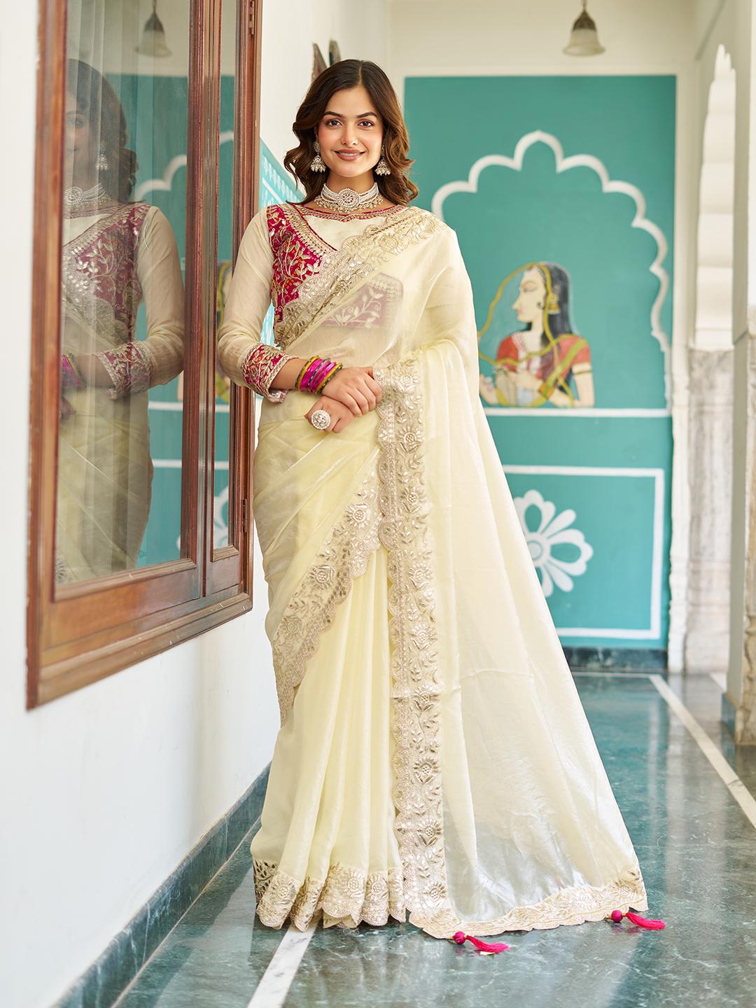 Festive Traditional Pure Fendi Silk Saree With Heavy Pitta & Gota Patti Work
