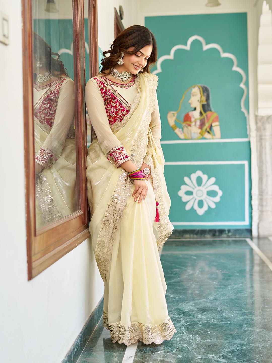 Festive Traditional Pure Fendi Silk Saree With Heavy Pitta & Gota Patti Work
