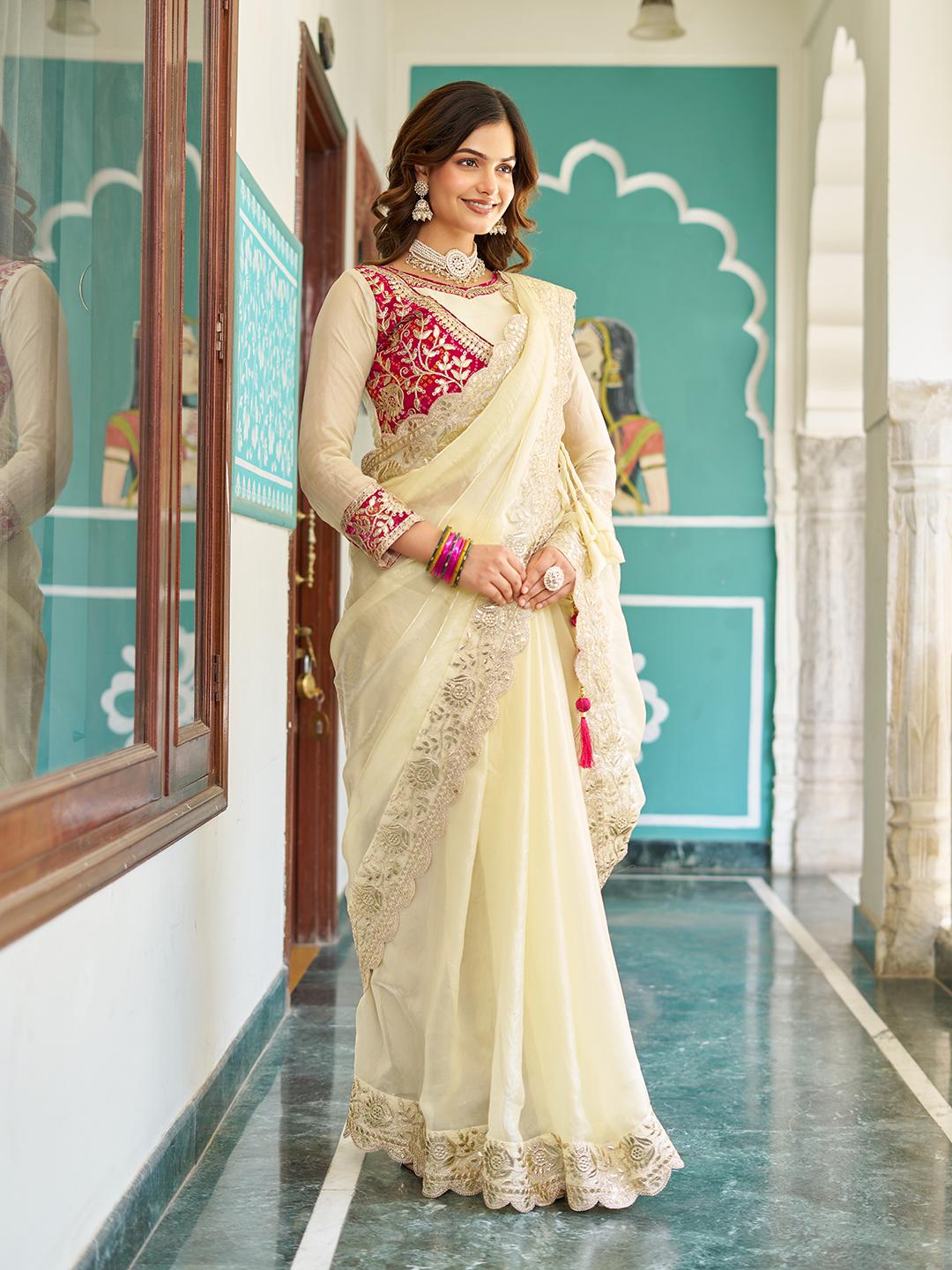 Festive Traditional Pure Fendi Silk Saree With Heavy Pitta & Gota Patti Work