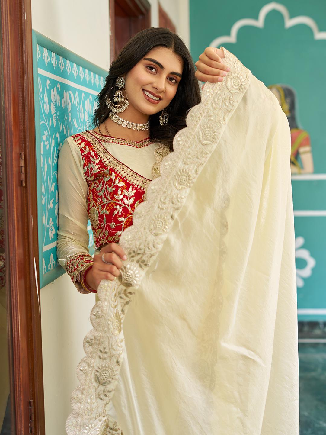Festive Traditional Pure Fendi Silk Saree With Heavy Pitta & Gota Patti Work