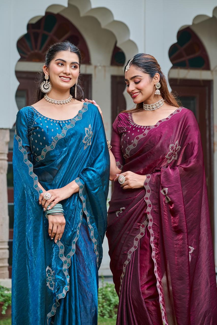 Festive Fancy Pure Fendi Silk Saree With Heavy Diamond Work