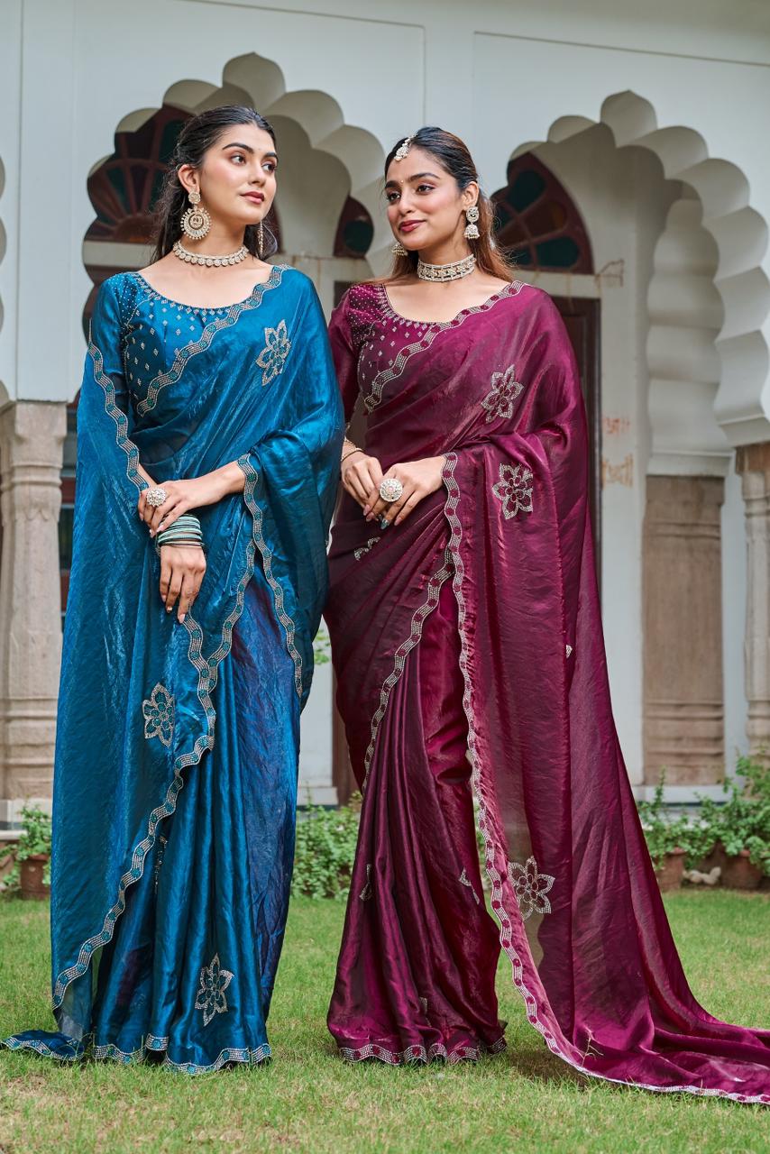 Festive Fancy Pure Fendi Silk Saree With Heavy Diamond Work