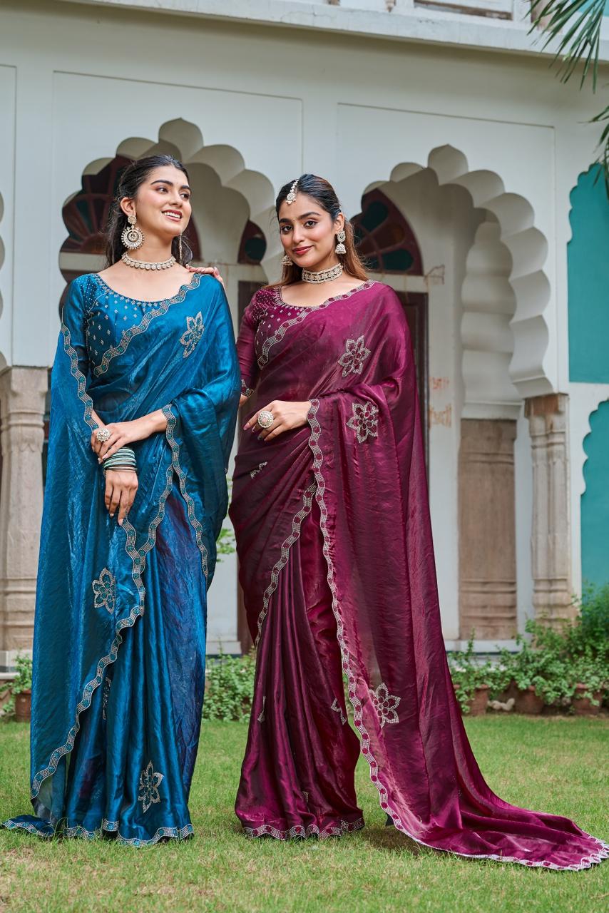 Festive Fancy Pure Fendi Silk Saree With Heavy Diamond Work